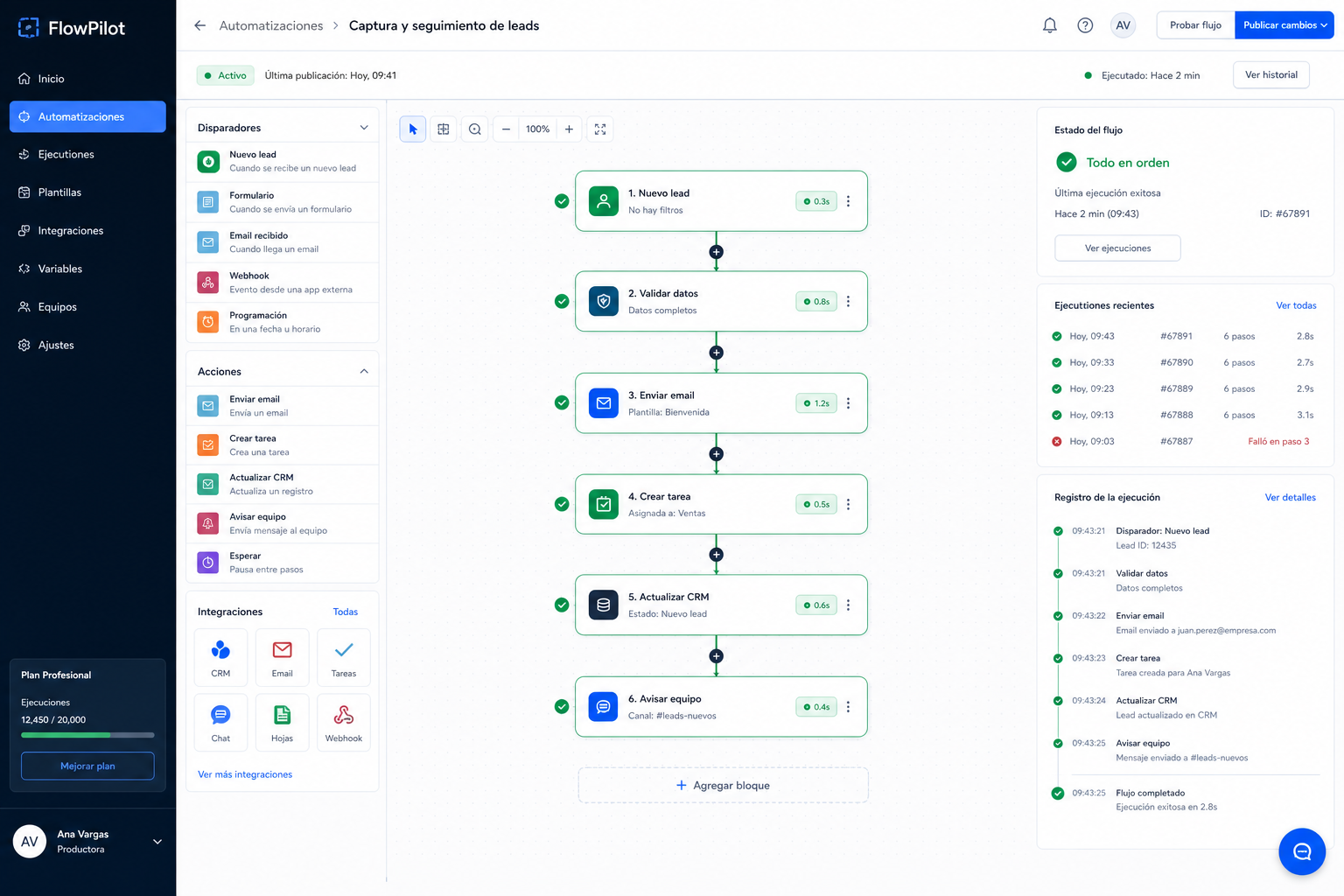 Aplicación inventada de automatizaciones con flujos conectados, disparadores, acciones, integraciones y ejecuciones recientes