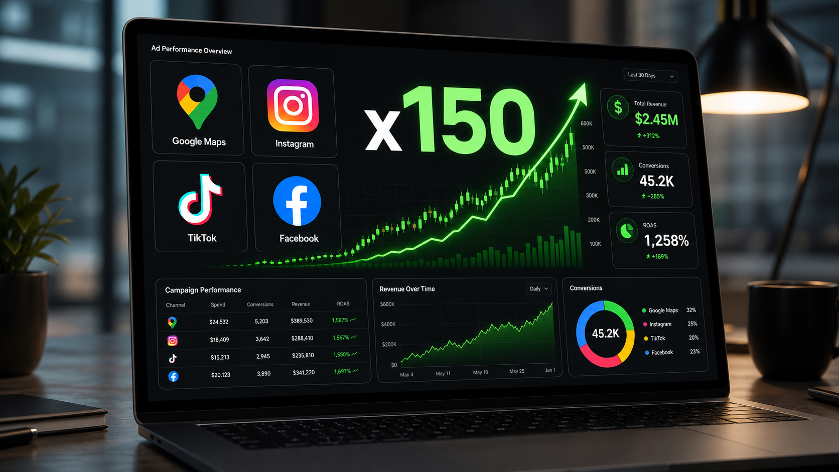 Dashboard de publicidad SEM con Google Maps, Instagram, TikTok y Facebook, métrica x150 y gráfica ascendente de retorno
