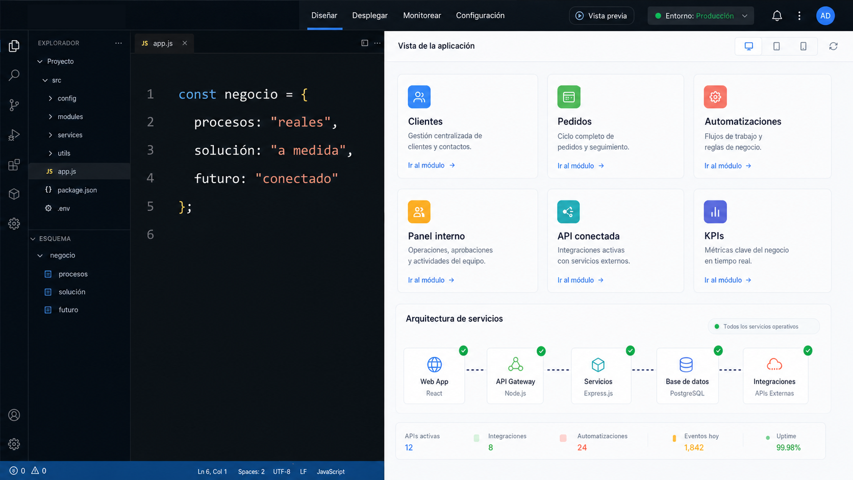 Aplicación de software a medida con editor de código JavaScript, módulos de negocio, arquitectura de servicios y paneles de operación